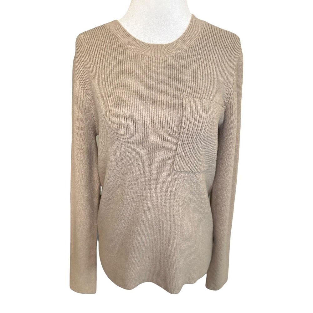 FIGS Womens Ribbed Crew Neck Sweater Tan Beige‎ Chest Pocket Size Small